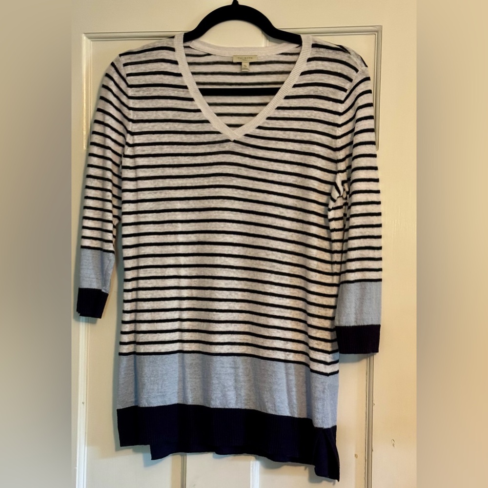 Talbots Petite Linen and Cotton Navy and White Striped V-Neck Sweater size Small